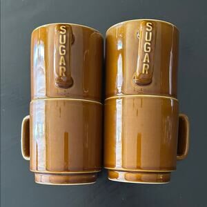 Vintage Classic Brown Mugs with Embossed “SUGAR” Handles, Set of Four